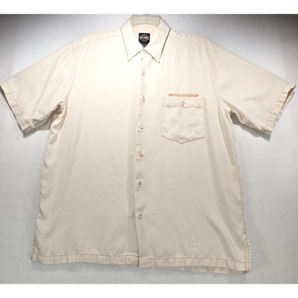 Harley-Davidson Tori Richard Mens Large Silk Button Up Shirt Cream Orange Stitch